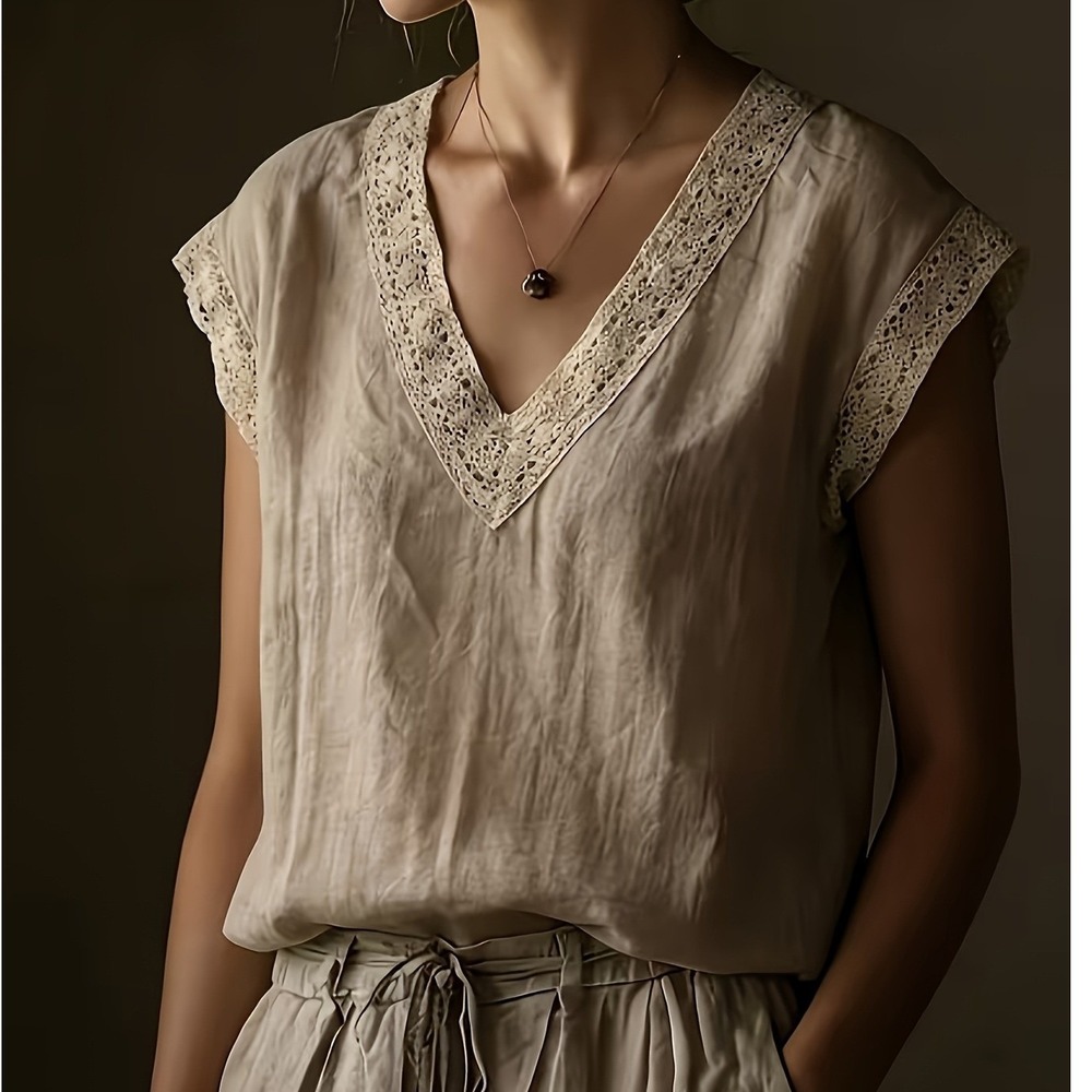 Unbranded Taupe V-Neck Crochet Lace Trim Cap Sleeve Texture Boho Top NEW‎ S